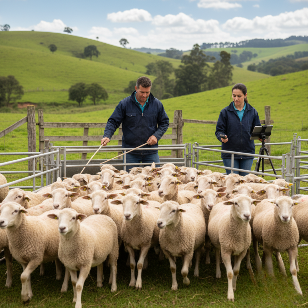 Produtor conduzindo ou organizando um grupo de ovelhas em pastagem verde do Sul do Brasil, usando práticas de manejo inteligente e eficiente.