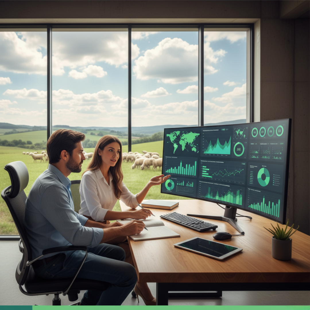 Produtora rural em pé no pasto com ovelhas, segurando um tablet que exibe gráficos e dados, simbolizando a gestão e análise de informações da fazenda.