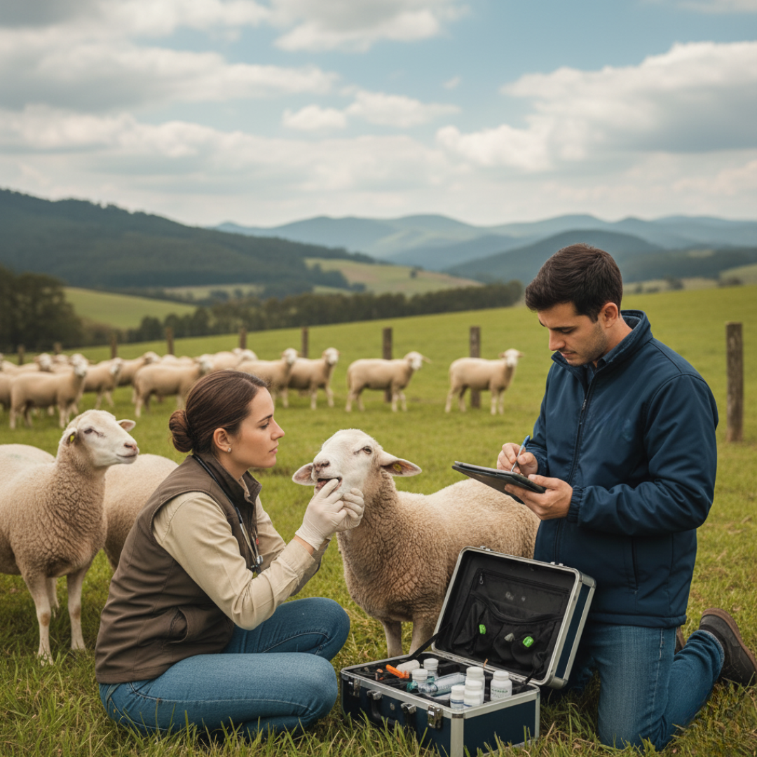 Produtora rural do Sul do Brasil inspeciona ovelha para verificar a sanidade do rebanho, em campo verde. Imagem transmite cuidado preventivo na ovinocultura.