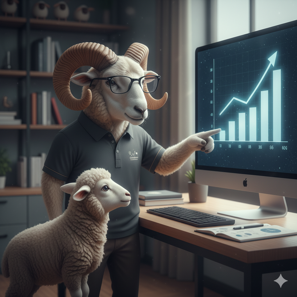 Duas ovelhas (uma mais jovem, outra mais experiente com óculos) em um escritório moderno, com a ovelha experiente apontando para um gráfico de crescimento em uma tela de computador. Sugere orientação, sabedoria e planejamento. `